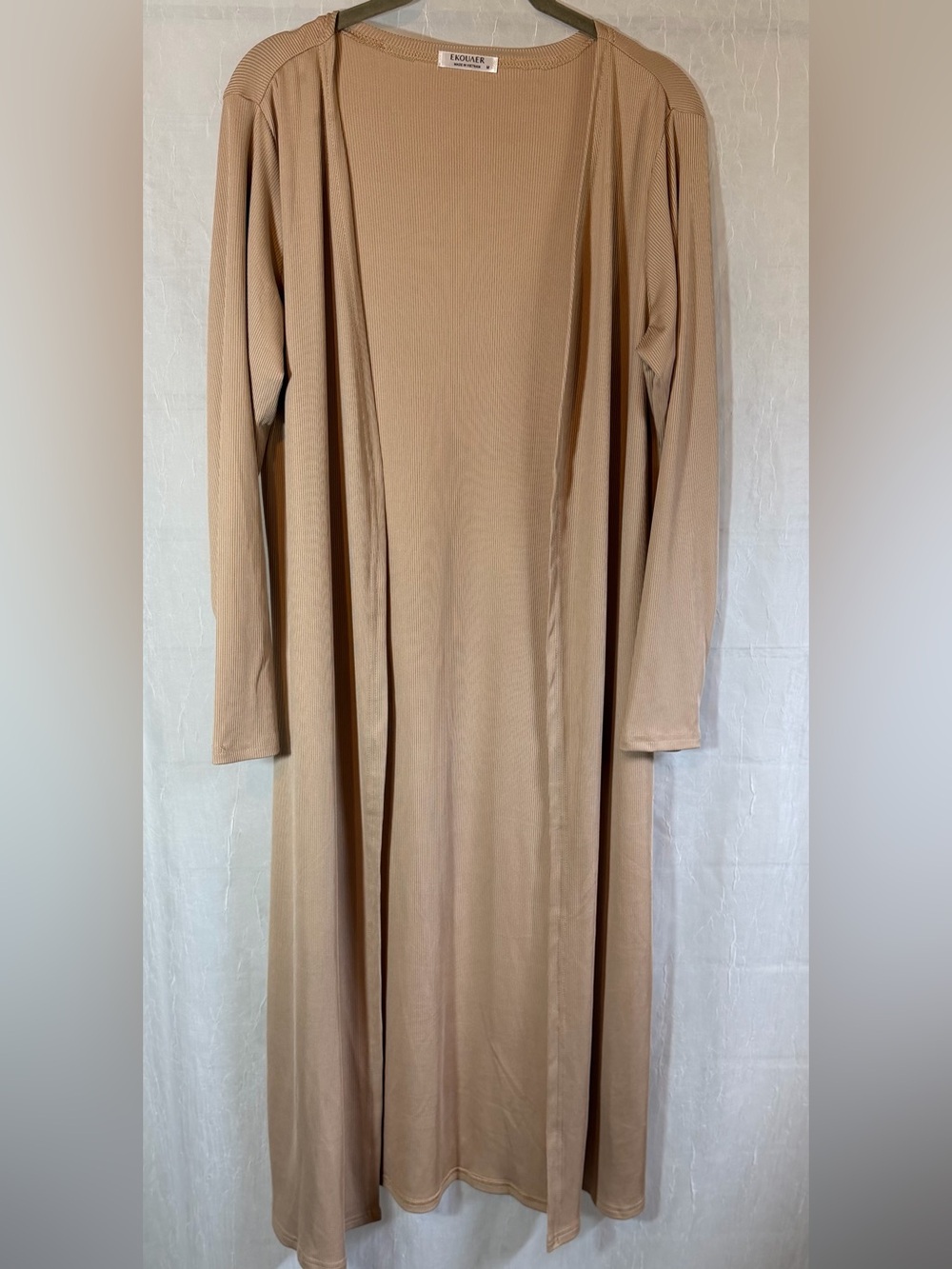 Ekouaer M Open-Front Long Sleeve Maxi Lounge Cardigan in Beige-Taupe
